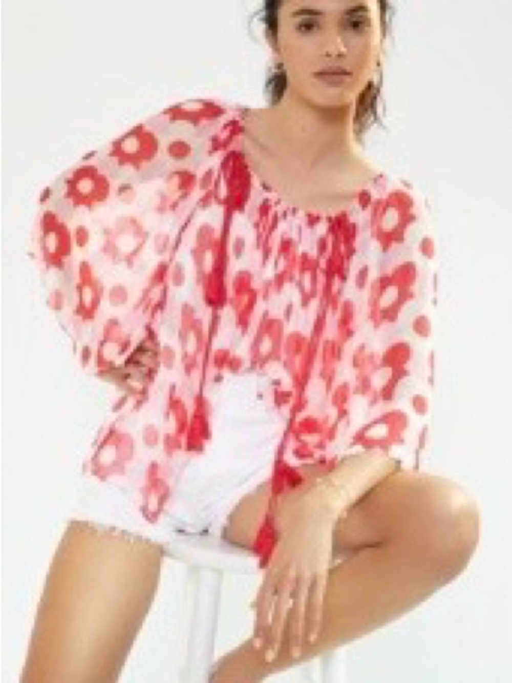 Antilk Batik 🩷 Red & White & Pink Floral Sheer Peasant Blouse